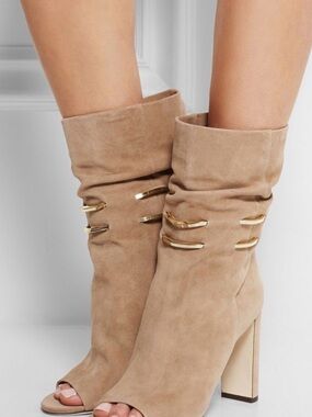 Jimmy Choo Mysen chain trimmed suede Peep-Toe Block Heel Boots in Taupe